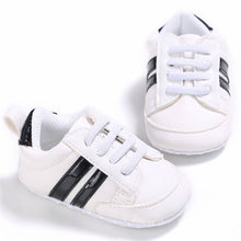 Load image into Gallery viewer, Baby Shoes Boy Girl Solid PU Striped Sneaker Comfort White Shoes New Style Newborn Infant First Walkers Casual Crib Moccasins