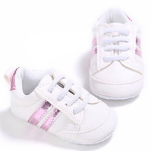 Load image into Gallery viewer, Baby Shoes Boy Girl Solid PU Striped Sneaker Comfort White Shoes New Style Newborn Infant First Walkers Casual Crib Moccasins
