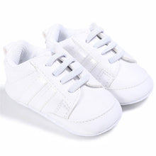 Load image into Gallery viewer, Baby Shoes Boy Girl Solid PU Striped Sneaker Comfort White Shoes New Style Newborn Infant First Walkers Casual Crib Moccasins
