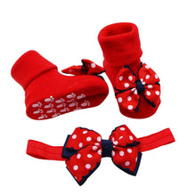 Load image into Gallery viewer, children's socks носки детские Baby winter Solid color Infant Sock +1PC Hair Belt Toddler Girls Bow Wave Point Anti-slip Sock H5