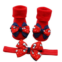 Load image into Gallery viewer, children's socks носки детские Baby winter Solid color Infant Sock +1PC Hair Belt Toddler Girls Bow Wave Point Anti-slip Sock H5
