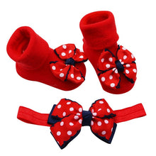 Load image into Gallery viewer, children's socks носки детские Baby winter Solid color Infant Sock +1PC Hair Belt Toddler Girls Bow Wave Point Anti-slip Sock H5